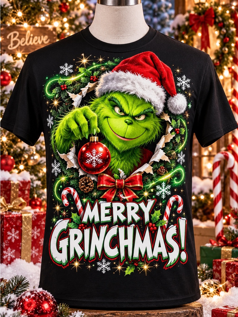 Gildan Unisex Black Tee with Green Grinch & Red Holiday Accents